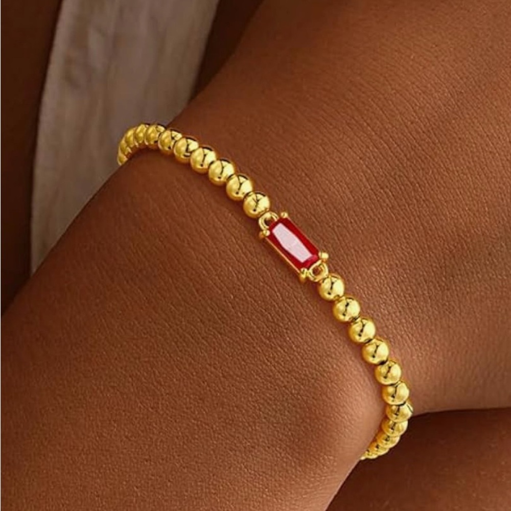 Gold Beaded Birthstone Bracelet - Jul-Ruby